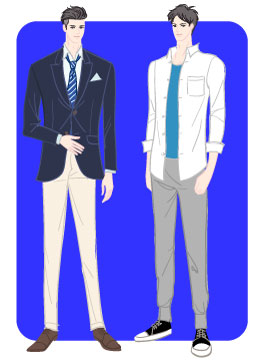 ウィンタータイプ/クラシックタイプ：紺ブレスーツと白シャツスウェットパンツコーデの男性のイラスト