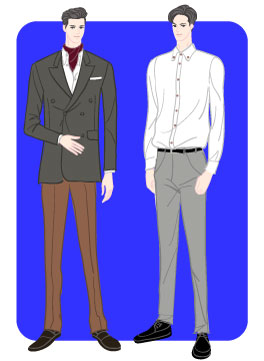 ウィンタータイプ/クラシックタイプ：ダブルスーツとボタンダウン白シャツコーデの男性のイラスト