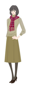 ウィンタータイプ/クラシックタイプ：チェック柄マフラーとハイネックセーターの秋コーデの女性のイラスト
