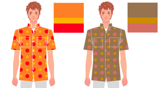 オレンジとブラウンのドット柄シャツを着た男性のイラスト