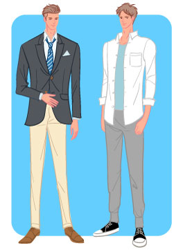 パーソナルスタイル：カジュアルタイプタイプの紺ブレスーツと白シャツスウェットパンツコーデの男性のイラスト