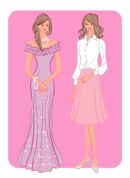 パーソナルスタイル：ロマンティックタイプのマーメイドドレスと白シャツフレアスカートコーデの女性のイラスト