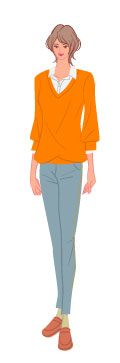 カジュアルタイプ:セーターにデニムコーデ姿の大人の女性のイラスト