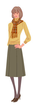 クラシックタイプ：チェック柄マフラーとハイネックセーターの秋コーデの女性のイラスト