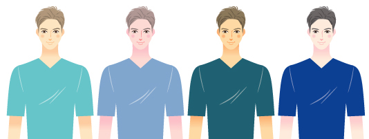 四種類の青いTシャツ姿の四人の男性たちのバストアップのイラスト