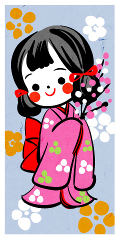 ひな祭りの振袖を着るかわいい和風の女の子のイラスト