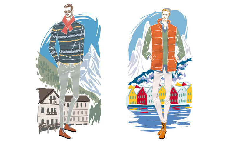ノルディックセーターのスイス人男性とダウンベストの男性イラスト