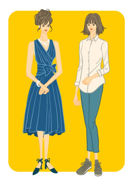 オータムタイプ／カジュアルタイプ：膝丈ドレスと白シャツデニムコーデの女性のイラスト