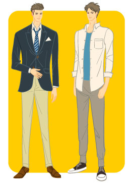 オータムタイプ／カジュアルタイプ：紺ブレスーツと白シャツスウェットパンツコーデの男性のイラスト