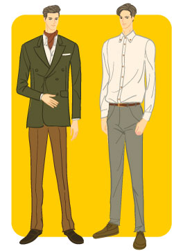 オータムタイプ／クラシックタイプ：ダブルスーツとボタンダウン白シャツコーデの男性のイラスト