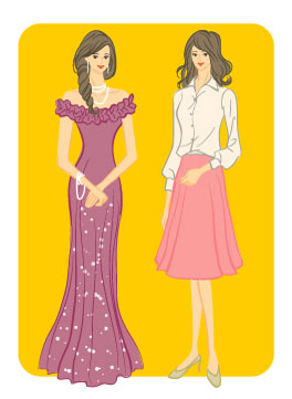 オータムタイプ／ロマンティックタイプ：マーメイドドレスと白シャツフレアスカートコーデの女性のイラスト