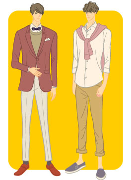 オータムタイプ／ロマンティックタイプ：蝶ネクタイスーツ姿と七分丈白シャツ姿の男性のイラスト