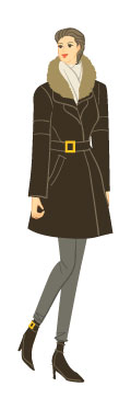 オータムタイプ／アバンギャルドタイプ：ファー襟付きダウンジャケットの冬コーデの女性のイラスト