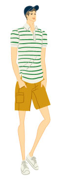 オータムタイプ／カジュアルタイプ：ボーダーポロシャツとカーゴパンツの夏コーデの男性のイラスト