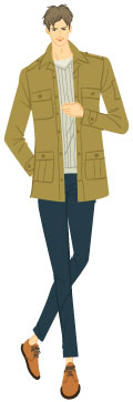 オータムタイプ／カジュアルタイプ：M-65ミリタリージャケットとセーターの秋コーデの男性のイラスト