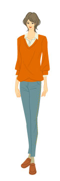 オータムタイプ／カジュアルタイプ：セーターにデニムコーデ姿の大人の女性のイラスト
