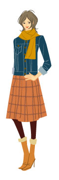 オータムタイプ／カジュアルタイプ：Gジャンとチェックスカートの秋コーデの女性のイラスト