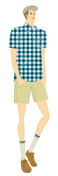 オータムタイプ／クラシックタイプ：ハンチング帽とブロックチェックシャツの夏コーデの男性のイラスト