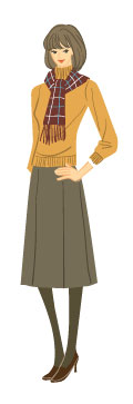 オータムタイプ／クラシックタイプ：チェック柄マフラーとハイネックセーターの秋コーデの女性のイラスト