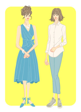 スプリングタイプ/カジュアルタイプ：膝丈ドレスと白シャツデニムコーデの女性のイラスト