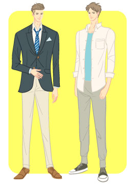 スプリングタイプ/カジュアルタイプ：紺ブレスーツと白シャツスウェットパンツコーデの男性のイラスト