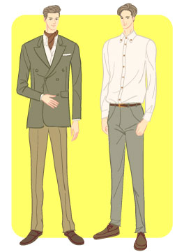 スプリングタイプ/クラシックタイプ：ダブルスーツとボタンダウン白シャツコーデの男性のイラスト