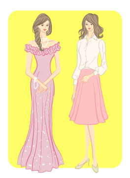 スプリングタイプ/ロマンティックタイプ：マーメイドドレスと白シャツフレアスカートコーデの女性のイラスト