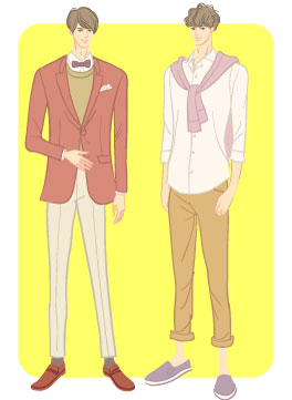 スプリングタイプ/ロマンティックタイプ：蝶ネクタイスーツ姿と七分丈白シャツ姿の男性のイラスト