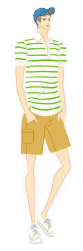 スプリングタイプ/カジュアルタイプ：ボーダーポロシャツとカーゴパンツの夏コーデの男性のイラスト