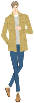 スプリングタイプ/カジュアルタイプ：M-65ミリタリージャケットとセーターの秋コーデの男性のイラスト