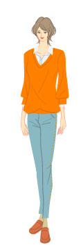 スプリングタイプ/カジュアルタイプ：セーターにデニムコーデ姿の大人の女性のイラスト