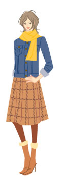 スプリングタイプ/カジュアルタイプ：Gジャンとチェックスカートの秋コーデの女性のイラスト