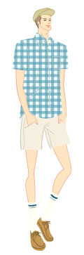スプリングタイプ/クラシックタイプ：ハンチング帽とブロックチェックシャツの夏コーデの男性のイラスト