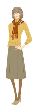 スプリングタイプ/クラシックタイプ：チェック柄マフラーとハイネックセーターの秋コーデの女性のイラスト