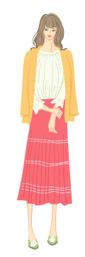 スプリングタイプ/ロマンティックタイプ：カーディガンとドレープスカートの春コーデの女性のイラスト