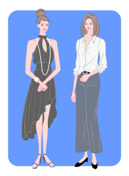 サマータイプ/アバンギャルドタイプ：前開きドレスと白シャツワイドパンツコーデの女性のイラスト
