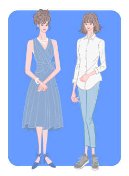 サマータイプ/カジュアルタイプ：膝丈ドレスと白シャツデニムコーデの女性のイラスト