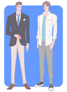 サマータイプ/カジュアルタイプ：紺ブレスーツと白シャツスウェットパンツコーデの男性のイラスト