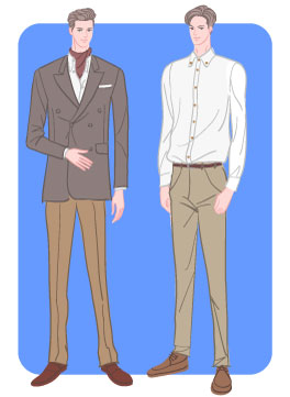 サマータイプ/クラシックタイプ：ダブルスーツとボタンダウン白シャツコーデの男性のイラスト