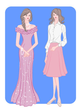 サマータイプ/ロマンティックタイプ：マーメイドドレスと白シャツフレアスカートコーデの女性のイラスト