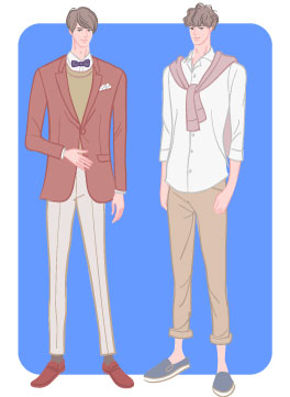 サマータイプ/ロマンティックタイプ：蝶ネクタイスーツ姿と七分丈白シャツ姿の男性のイラスト