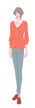 サマータイプ/カジュアルタイプ：セーターにデニムコーデ姿の大人の女性のイラスト