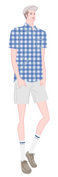 サマータイプ/クラシックタイプ：ハンチング帽とブロックチェックシャツの夏コーデの男性のイラスト