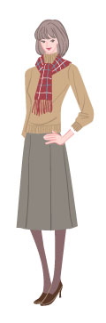 サマータイプ/クラシックタイプ：チェック柄マフラーとハイネックセーターの秋コーデの女性のイラスト