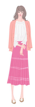 サマータイプ/ロマンティックタイプ：カーディガンとドレープスカートの春コーデの女性のイラスト