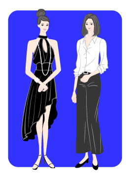 ウィンタータイプ/アバンギャルドタイプ：前開きドレスと白シャツワイドパンツコーデの女性のイラスト