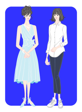 ウィンタータイプ/クラシックタイプ：膝丈ドレスと白シャツデニムコーデの女性のイラスト