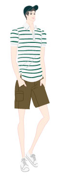 ウィンタータイプ/クラシックタイプ：ボーダーポロシャツとカーゴパンツの夏コーデの男性のイラスト