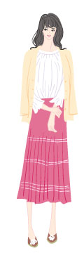 ウィンタータイプ/ロマンティックタイプ：カーディガンとドレープスカートの春コーデの女性のイラスト