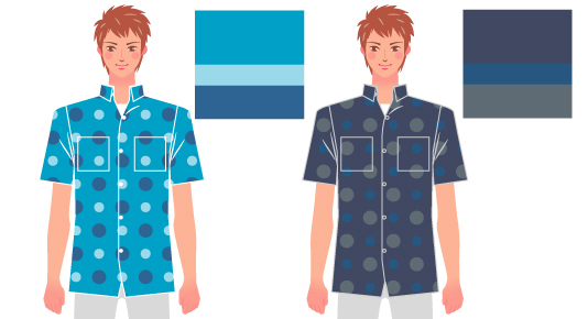 ブルーとネイビーのドット柄シャツを着た男性のイラスト
